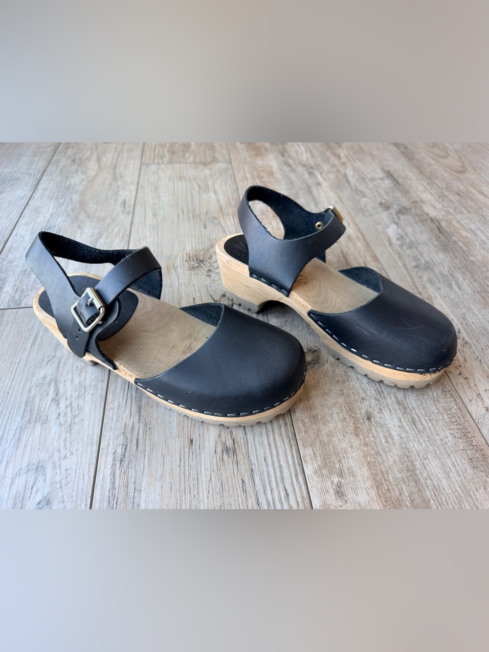 MIA Sofia Swedish Wooden Clogs Black Leather Ankle Strap Sandals Womens